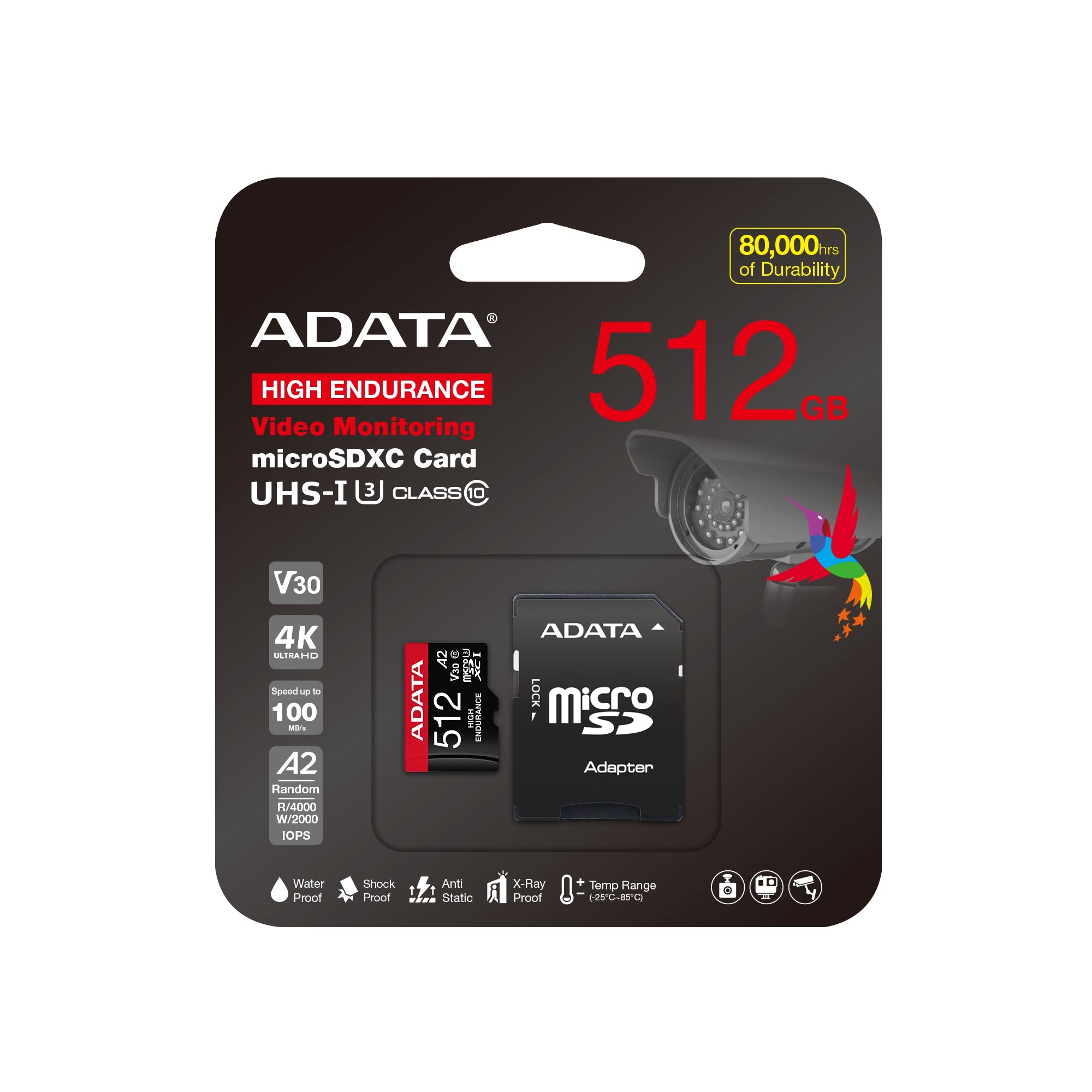 Memoria Adata Micro Sdxc/Sdhc 512Gb Uhs-I Videovigilancia 24/7 100Mb/85Mb 4K Clase 10 U3 V30 A2 C/Adaptador (Ausdx512Gui3V30Sha2-Ra1)