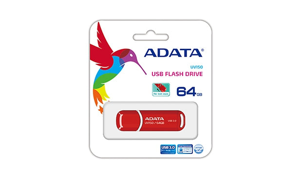 Memoria Usb Adata Uv150 Rojo 64 Gb 3.2 (Retrocompatible Con 3.0 Y 2.0) 100 Mb/S