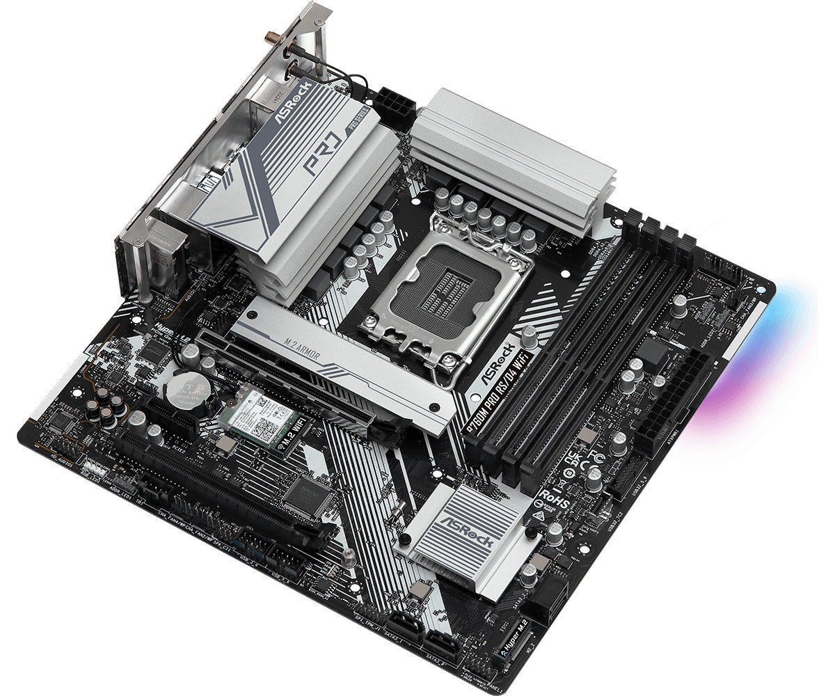 Mb Asrock B760M Pro Rs De Wifi/14Th 13Th 12Th Va Gen/Lga 1700/128 Gb Ddr 5333Mhz/1 Pcie 4.0X16/1 Pcie 4.0X1/4 Sata3/2 Hyper M.2/ 2 Usb Tipo C/5 Usb 3.2/6 Usb 2.0