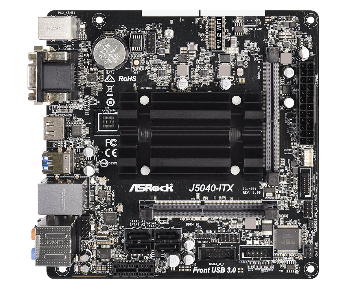 Mb Asrock J5040 Itx/Intel Quad-Core Pentium 3.2 Ghz/8 Gb Ddr4 2400Mhz/Graficos Integrados Uhd 605/D-Sub(2048X1536)60Hz/Hdmi 4K X 2K(4096X2160)60Hz/Dvi-D(1920X1200)60Hz/4 Sata3/1 Pcie 2.0 X1/1 X M.2