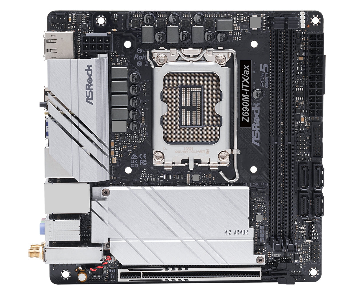 Mb Asrock Z690M Itx Ax/14Th 13Th 12Th Va Gen/Lga 1700/64 Gb Ddr 5000Mhz/1 Pcie 5.0X16/4 Sata3/2 Hyper M.2/6 Usb 3.2/2 Usb C/Hdmi/Displayport/Wi-Fi 6E 802.11Ax