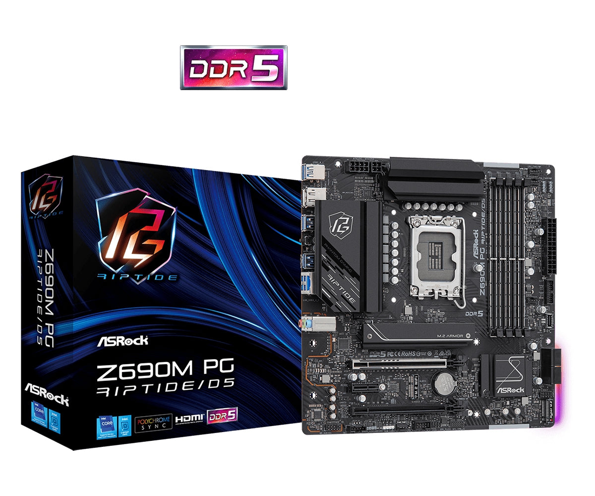 Mb Asrock Z690M Phantom Gaming Riptide D5/14 13 12 Va Gen/Lga 1700/192 Gb Ddr5 6000Mhz/1 Pcie 5.0X16/1 Pcie 4.0X16/1 Pcie 3.0X1/4 Sata3/2 Hyper M.2/1 M.2 Key-E Para Wifi/10 Usb 3.2/2 Usb 2.0/1 Usb C