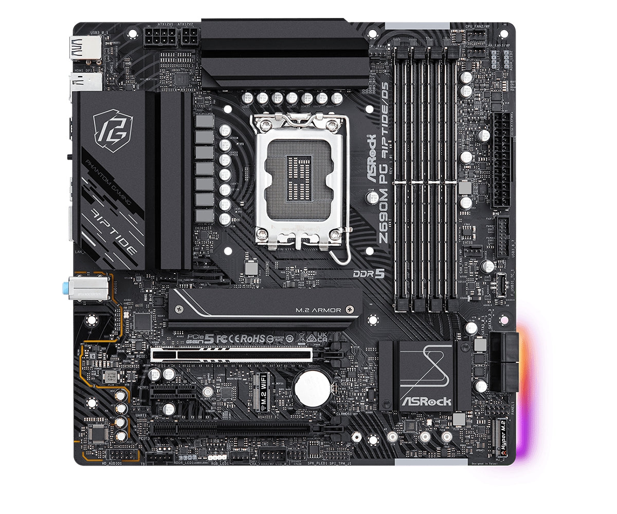 Mb Asrock Z690M Phantom Gaming Riptide D5/14 13 12 Va Gen/Lga 1700/192 Gb Ddr5 6000Mhz/1 Pcie 5.0X16/1 Pcie 4.0X16/1 Pcie 3.0X1/4 Sata3/2 Hyper M.2/1 M.2 Key-E Para Wifi/10 Usb 3.2/2 Usb 2.0/1 Usb C