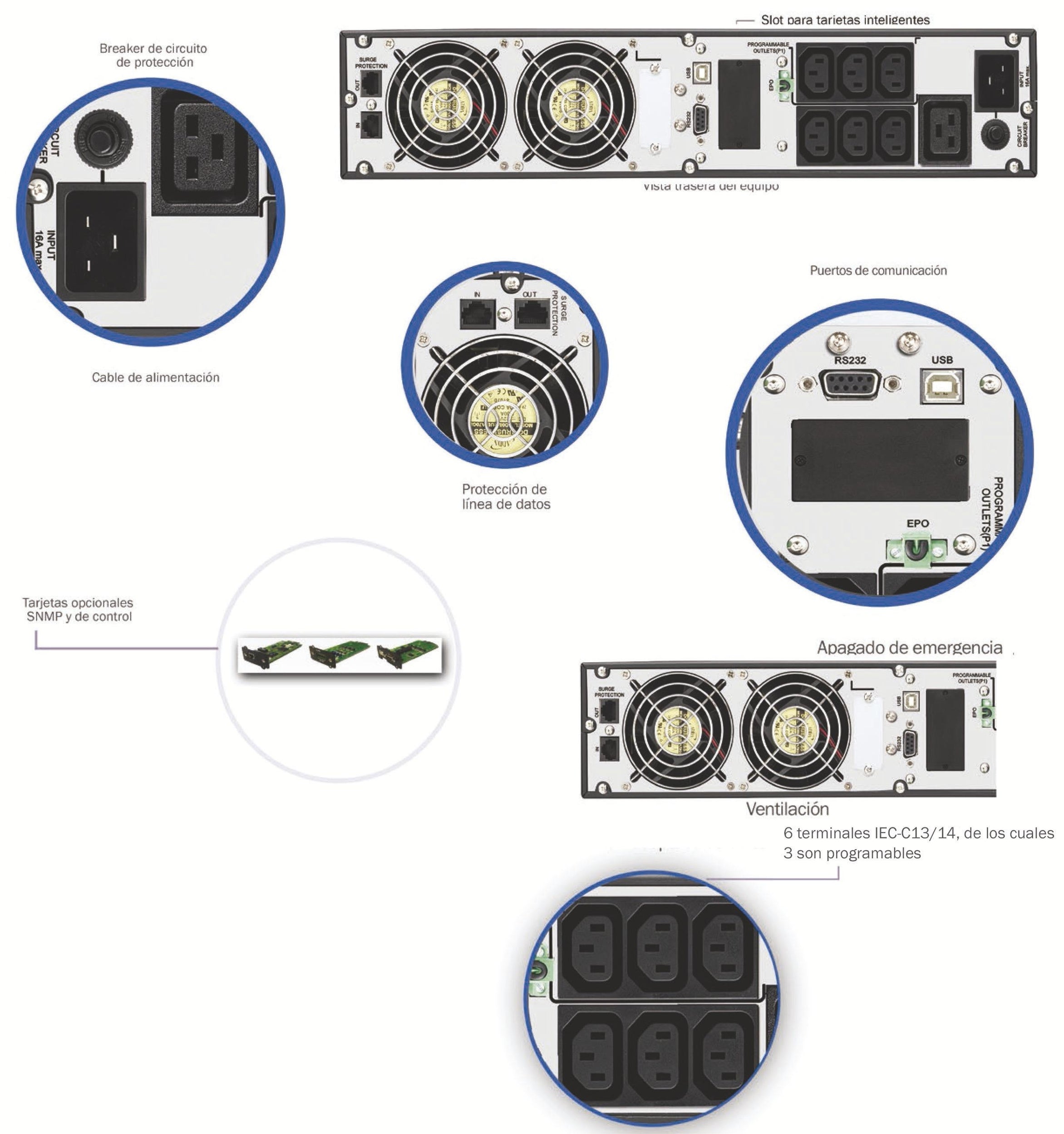 No Break On Line 3Kva 3000Va/ 2700 W Voltaje Nominal 220 6 Terminales Ice1/14, De Los Cuales 3 Son Programables