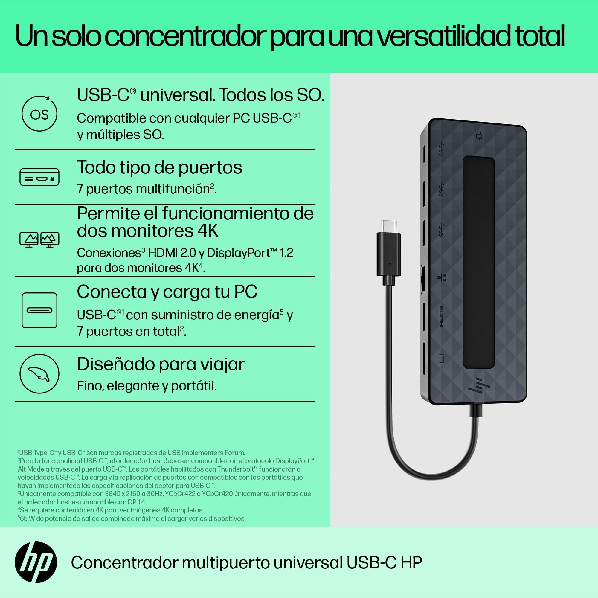 Hub Hp 50H55Aa Multipuerto Usb-C Universal Conexión De Datos Video O Red[4]. 1 Hdmi 2.0 Displayport™ 1.2 Puertos Usb-A Usb-C®[1]