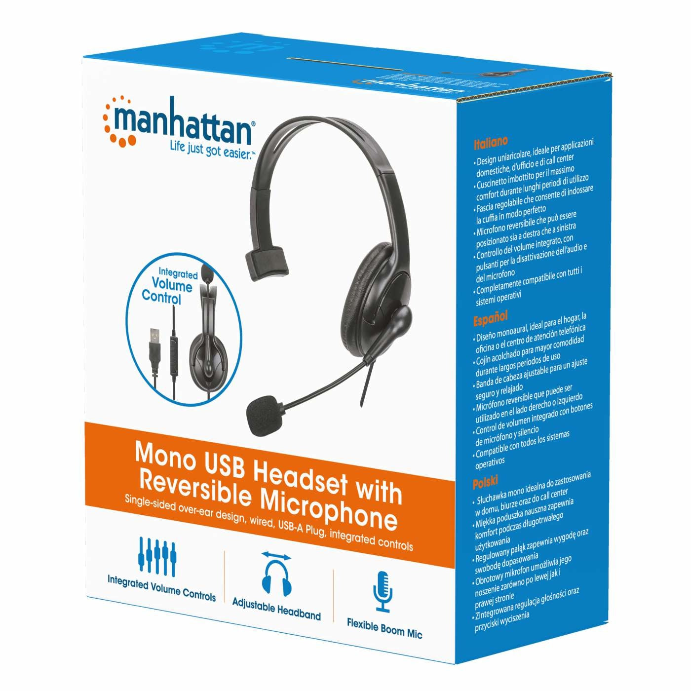 Auriculares Manhattan 180849 Monoaurales Usb Con Micrófono Reversible. Diseño De Un Solo Lado Y Circumaurales Cableado Enchufe Usb-A