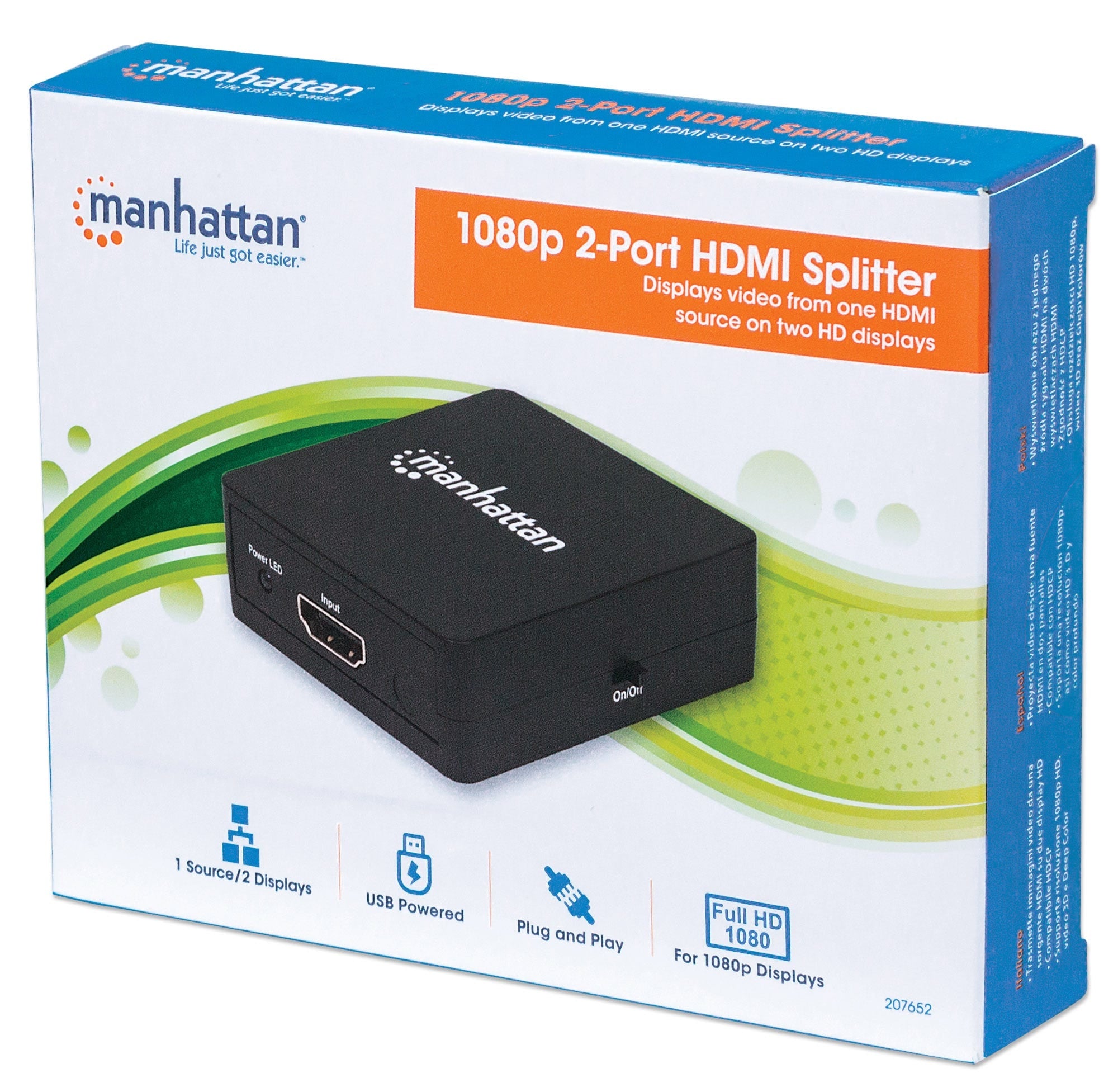 Video Splitter Manhattan 207652 Hdmi De Puertos 1080P Proyecta Desde Una Fuente En Dos Pantallas Hd.