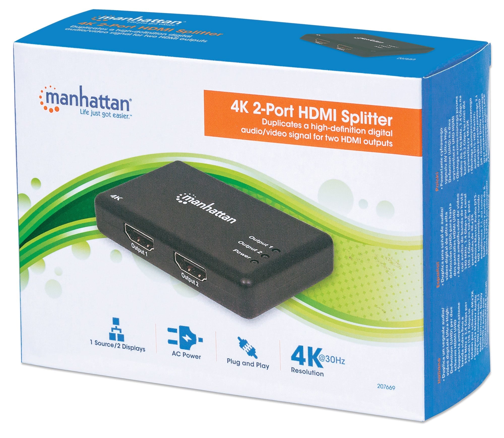 Video Splitter Hdmi Manhattan De 2 Puertos 207669 Puertos; Resolución 4K@30Hz Full 3D Y Color Profundo.