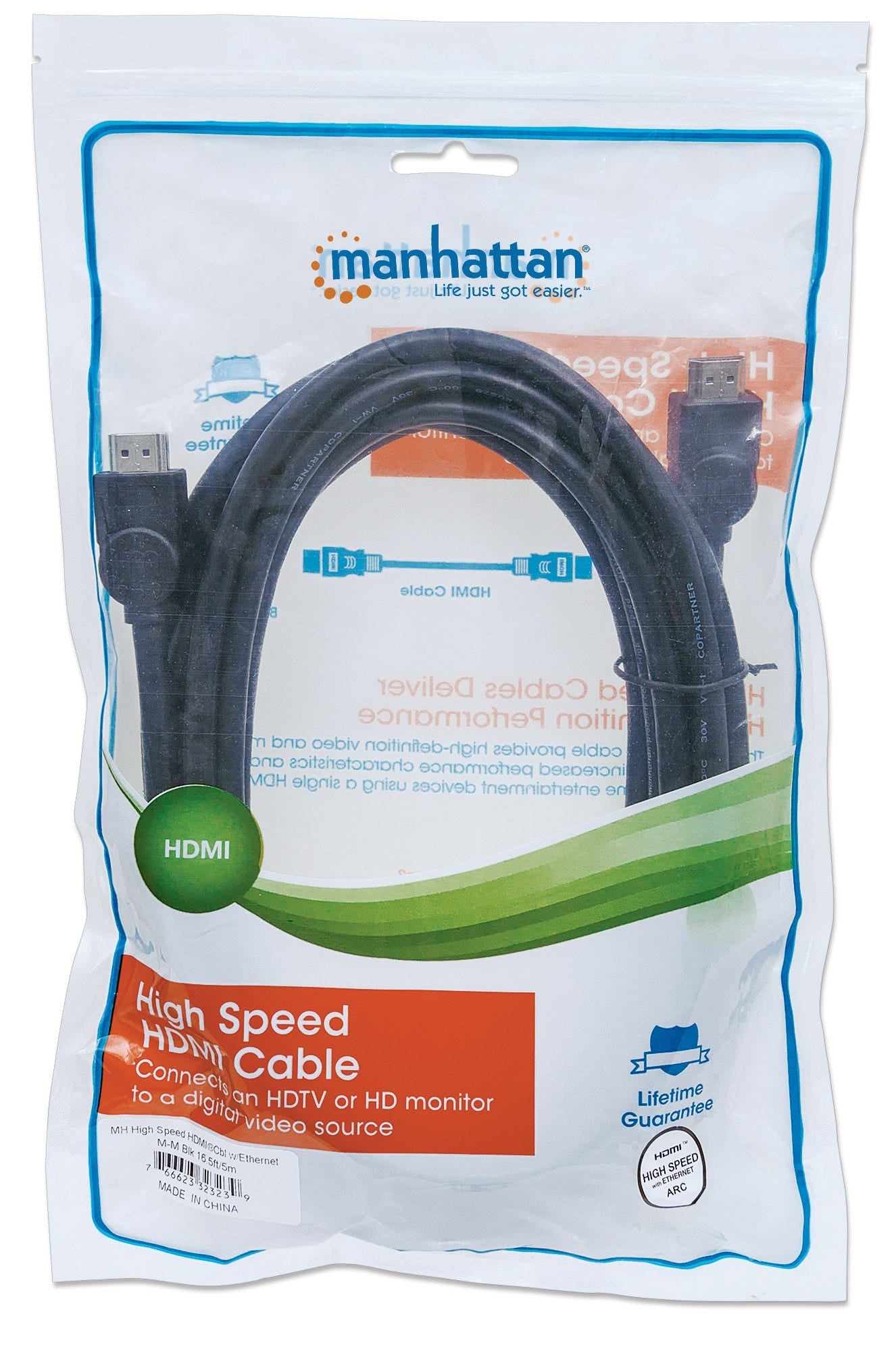 Cable Hdmi Manhattan 323239 De Alta Velocidad Con Canal Ethernet Macho Blindadocolor Negro5 Hecarc3D4K 30Hz.