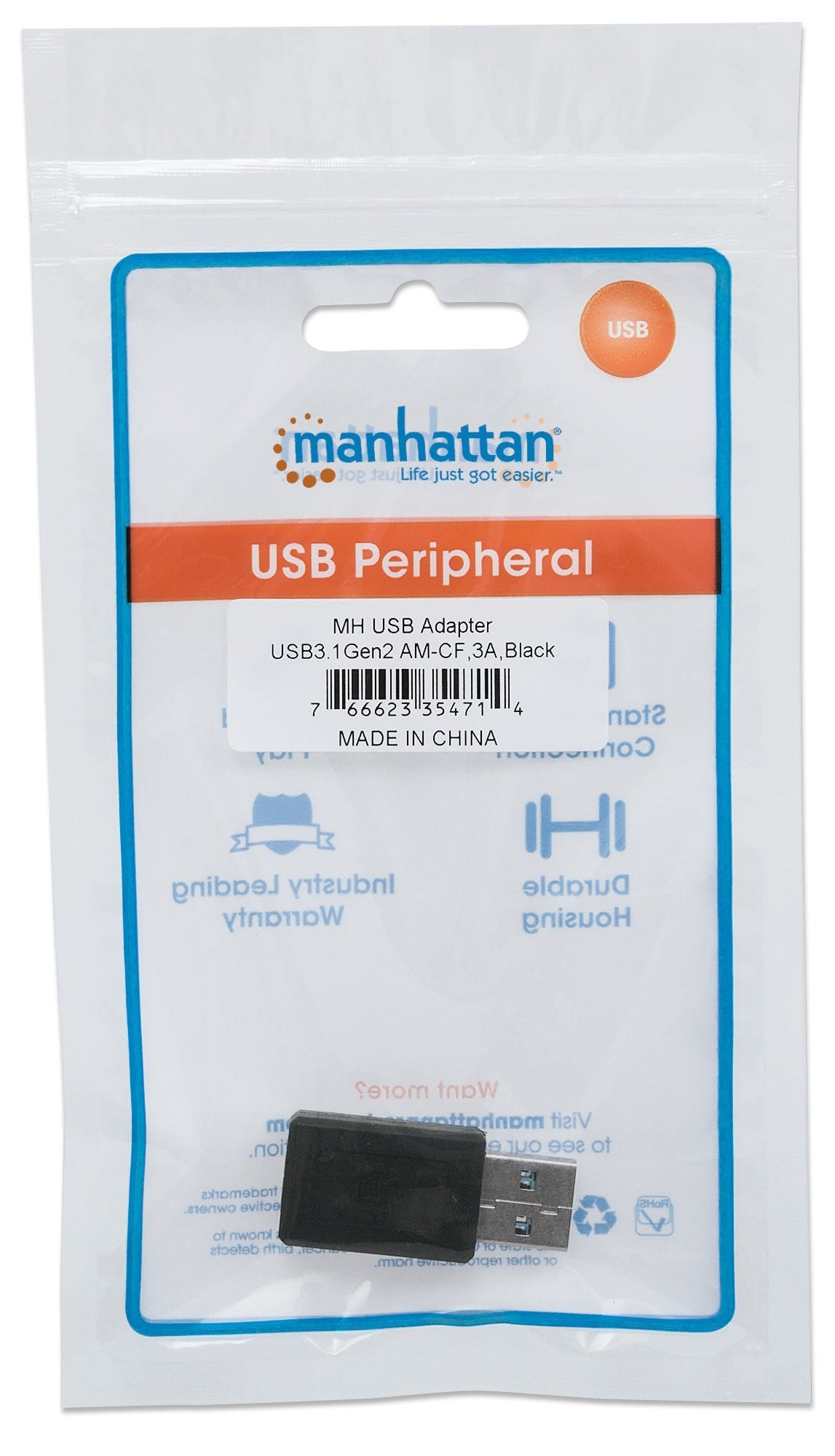 Adaptador Usb C Manhattan 354714 De Usb-A Usb-C Con Súper Velocidad 10 Gbps Negro.