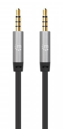 Cable Auxiliar De Audio Estéreo 3.5 Mm Manhattan 355995 Contactos Chapados En Oro Diseño Delgado Negro/Plata 2M