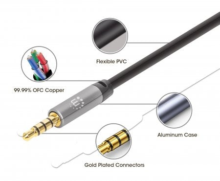 Cable Auxiliar De Audio Estéreo 3.5 Mm Manhattan 355995 Contactos Chapados En Oro Diseño Delgado Negro/Plata 2M