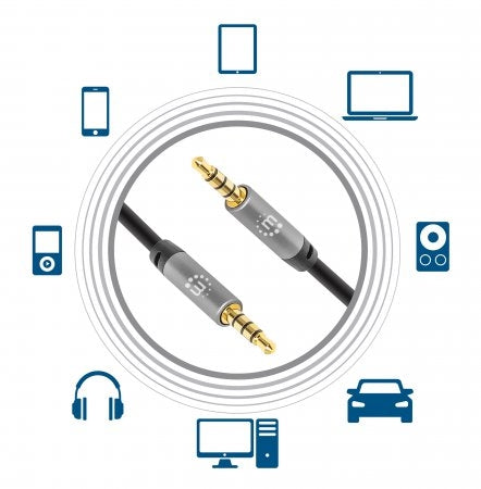 Cable Auxiliar De Audio Estéreo 3.5 Mm Manhattan 355995 Contactos Chapados En Oro Diseño Delgado Negro/Plata 2M