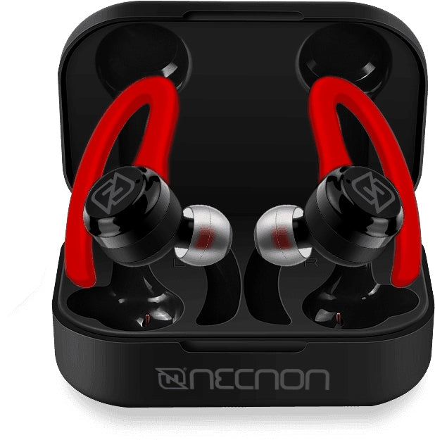 Audifonos Necnon Ntws-Sport In-Ear Bluetooth 5.1 True Wireless Sonido Hi Fi 30Mah Caja De Carga 200Mah Indicador 4 Led Con Orejera Anti Caida Negro / Rojo