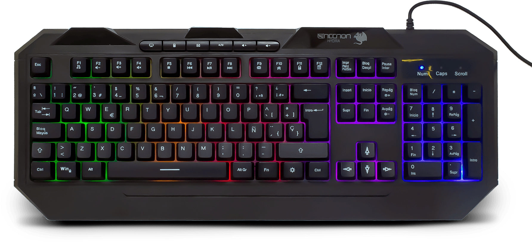 Teclado Gaming Alámbrico Necnon Ngk-Hydra Gamer 114 Teclas Retroiluminado Led Multicolor Diseno Ergonomico 6 Botones Multimedia Negro