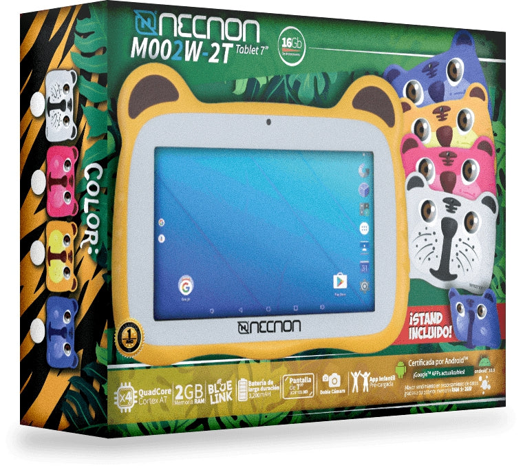 Tablet Necnon M002W-2T Kids 2Gb Ram 16Gb Rom 7" Pulgadas Android 10 Cam 0.3 Y Mp Tigre Stand Incluido Azul