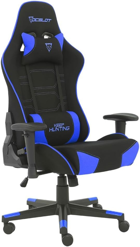 Silla Gamer De Tela Ocelot/ Color Azul Con Negro/ Base Reforzada De Nylon/ Descansa Brazos Ajustables / Angulo De Inclinacion 155 Grados/ Soporta Hasta 150Kg/ Cojin Para Lumbar Y Cervical