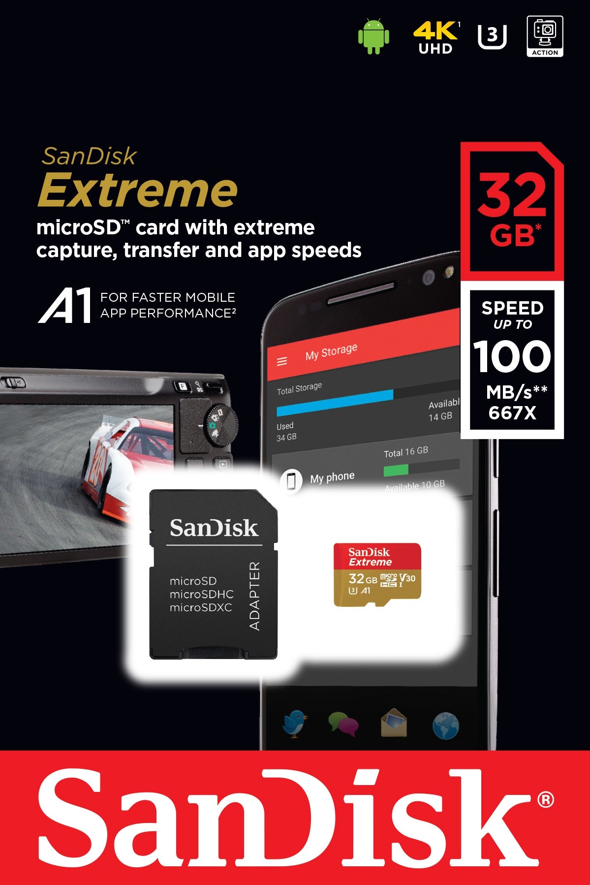 Memoria Sandisk Extreme 32Gb Micro Sdhc 100Mb/S 4K Clase 10 A1 V30 C/Adaptador