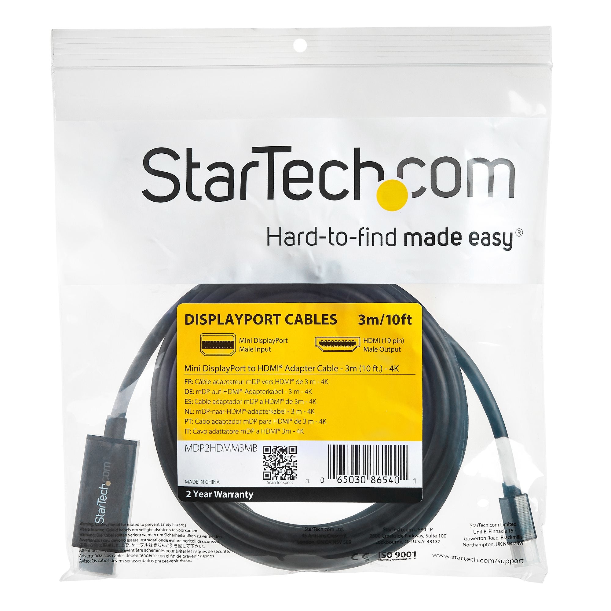 Cable Adaptador De 3M Mini Displayport A Hdmi - 4K 30Hz - Ultrahd - Cable Con Adaptador Incluido - Negro - Startech.Com Mod. Mdp2Hdmm3Mb