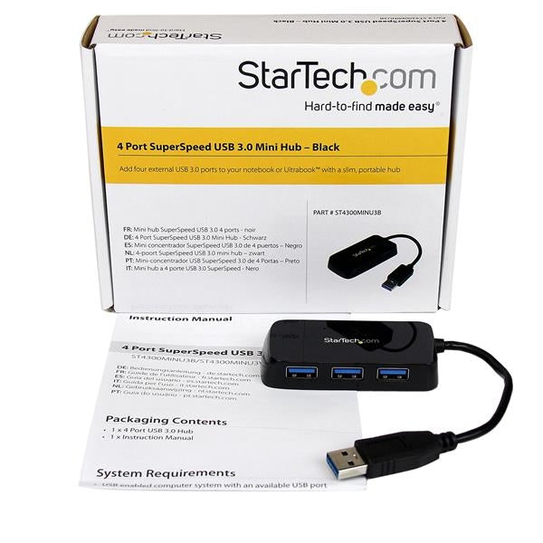 Adaptador Concentrador Hub  Usb 3.0 Super Speed 4 Puertos Salidas Portátil Para Laptop Computadora - Negro - Startech.Com Mod. St4300Minu3B