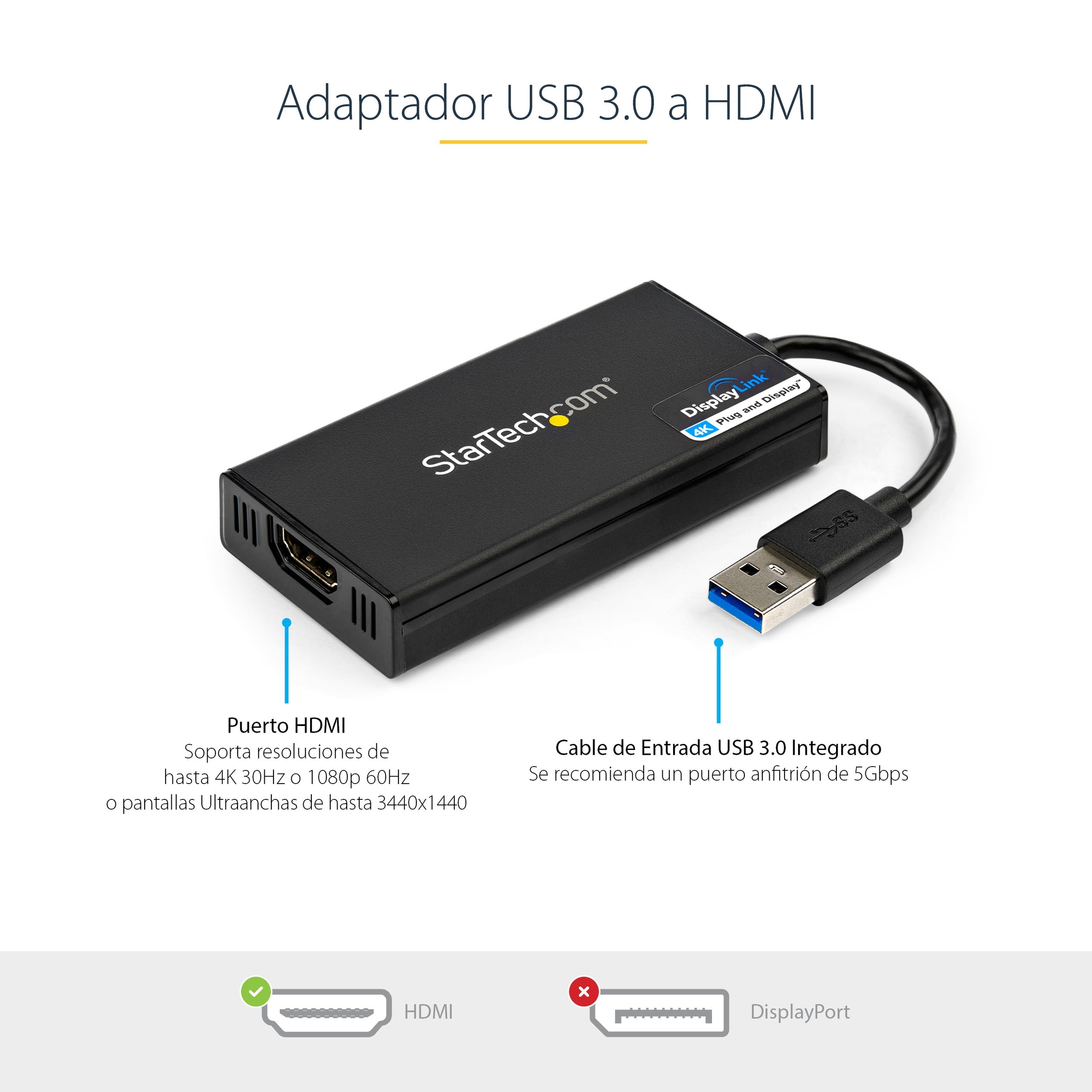 Adaptador Grafico Externo Usb 3.0 A Hdmi Startech.Com - Ultrahd 4K 30Hz - Certificado Displaylink - Convertidor Usb-A A Hdmi Para Monitor - Tarjeta Grafica Externa De Video - Mac Y Windows