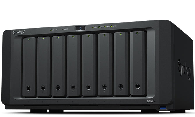 Nas Synology Ds1821+/ 8 Bahias Ampliables Hasta 18/Nucleo Cuadruple 2.2Ghz/4Gb Ddr4 Ampliable A 32Gb/Lan Gigabit X4/Usb 3.2 X4 /Hot-Swap/Soporta M.2 2280 Nvme/ No Incluye Discos