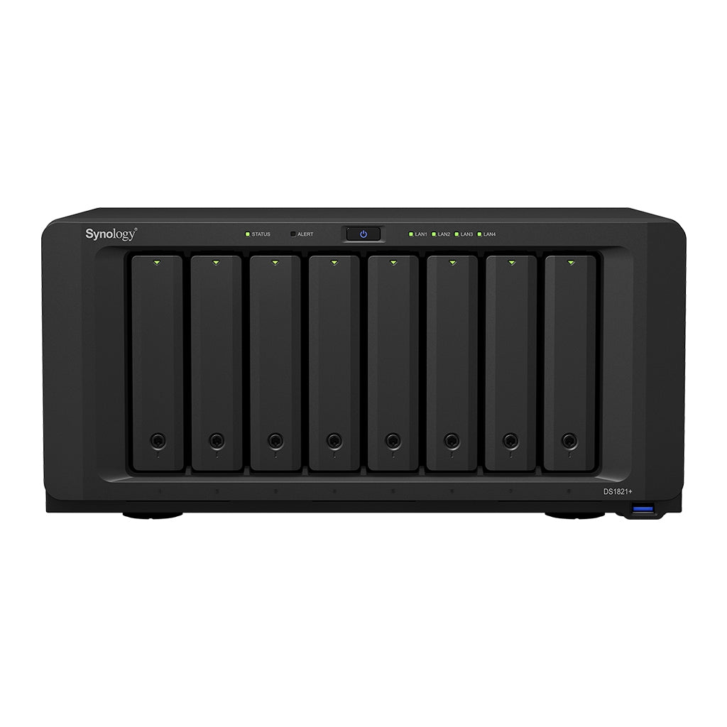 Nas Synology Ds1821+/ 8 Bahias Ampliables Hasta 18/Nucleo Cuadruple 2.2Ghz/4Gb Ddr4 Ampliable A 32Gb/Lan Gigabit X4/Usb 3.2 X4 /Hot-Swap/Soporta M.2 2280 Nvme/ No Incluye Discos