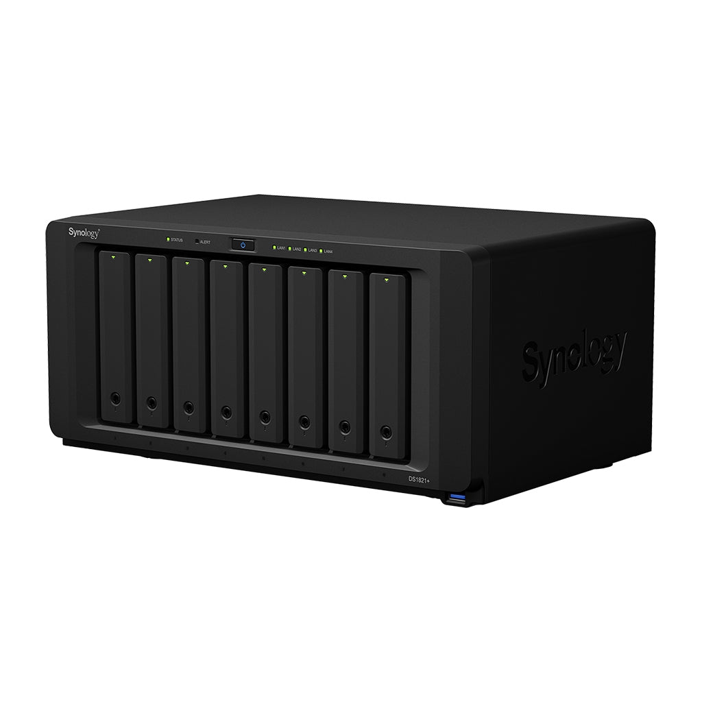 Nas Synology Ds1821+/ 8 Bahias Ampliables Hasta 18/Nucleo Cuadruple 2.2Ghz/4Gb Ddr4 Ampliable A 32Gb/Lan Gigabit X4/Usb 3.2 X4 /Hot-Swap/Soporta M.2 2280 Nvme/ No Incluye Discos