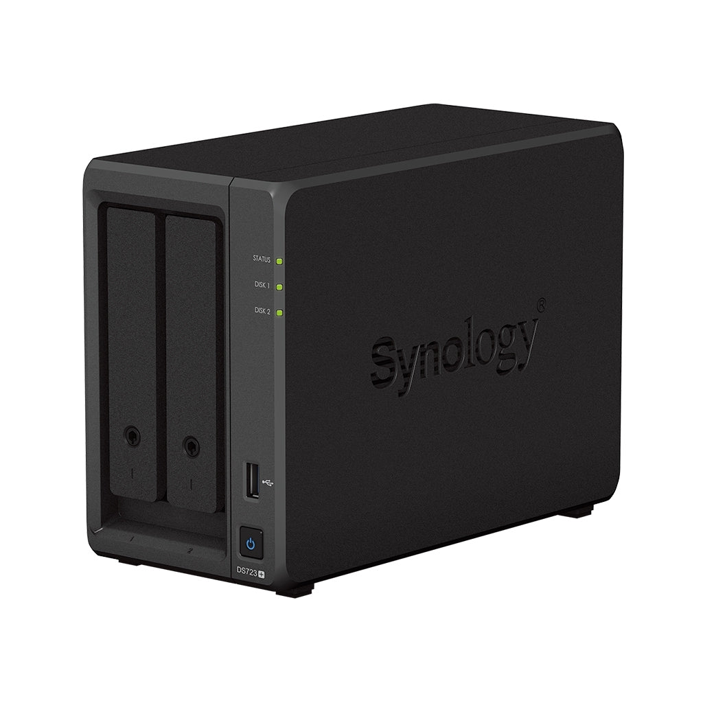 Nas Synology Ds723+ /2 Bahias Nucleo Doble Hasta 3.1 Ghz, 2 Pto Lan Giga, Usb 3.2 X2/ 2 Gb Ddr4/ Hot-Swap/Soporta 36 Tb Hasta 126Tb/ Soporta M.2 2280/ No Incluye Discos/ Amd Ryzen R1600