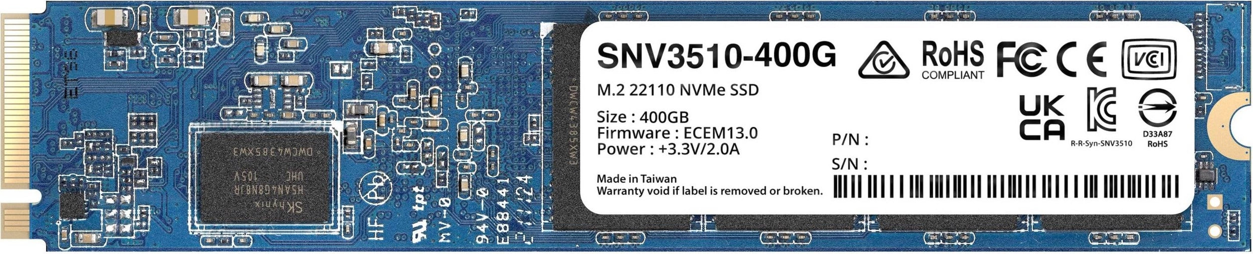 Unidad De Estado Solido Synology Ssd M.2 22110 Nvme Snv3510 400Gb Pcie Gen 3.0 X4 Lect 3000Mb/S Escrit 750Mb/S, Solo Para Equipos Synology, Para Aumento De Cache