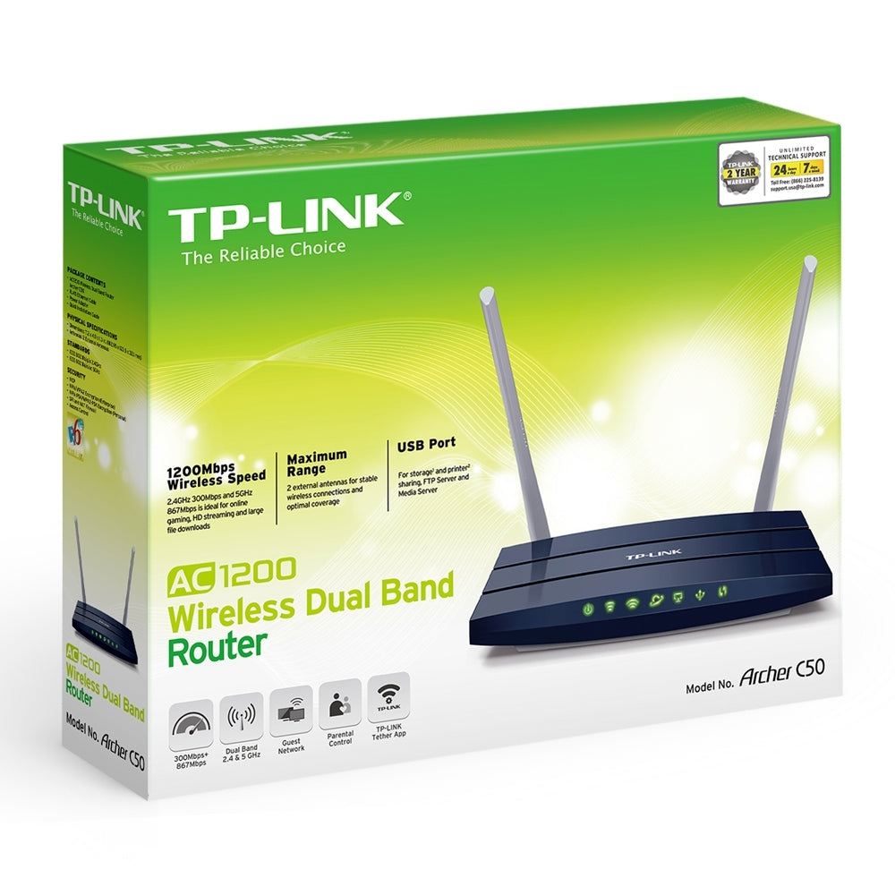 Router Inalambrico Tp-Link Archer C50 Ac1200 Banda Dual 2.4Ghz A 300Mbps Y 5Ghz A 867Mbps 4 Puertos Lan 10/100 1 Puerto Wan 10/100 Y 4 Antenas Externas (*La Imagen Solo Es Ilustrativa  Segun Version)