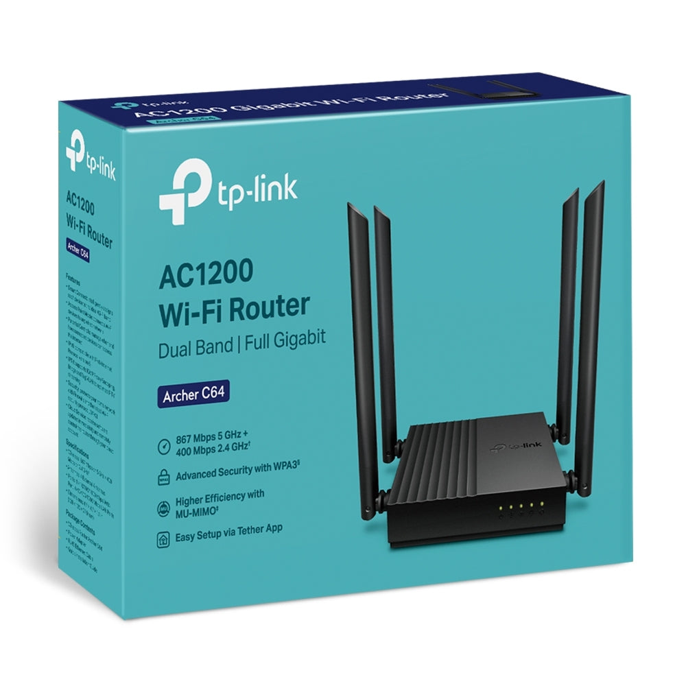 Router Inalámbrico Tp-Link Ac1200 Dual Band Archer C64 Wifi Mu-Mimo Gigabit De Gran Alcance