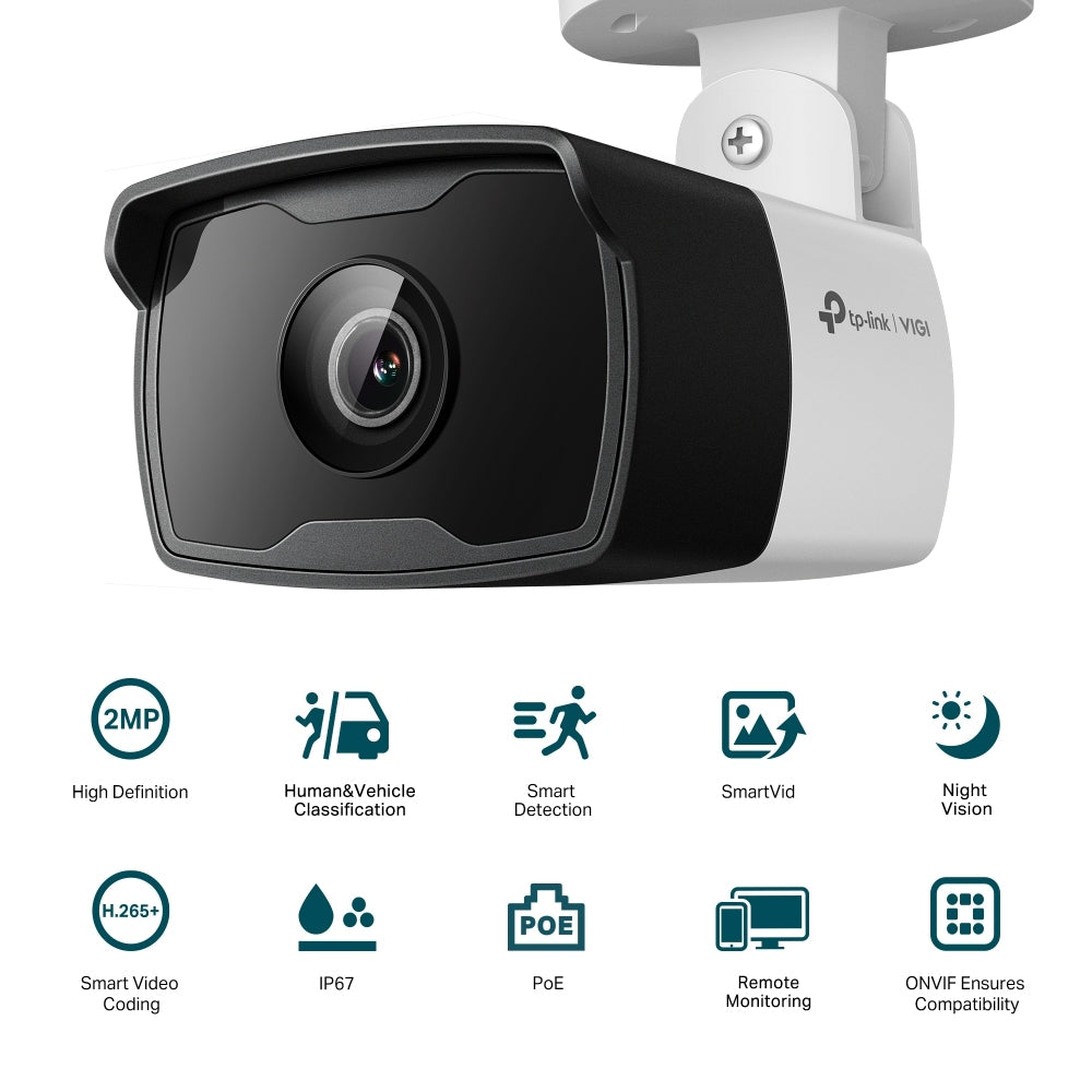 Camara Ip Bala | Tp-Link | Vigi | Vigi C320I(2.8Mm)| 2Mp | Para Exterior | Ip67 | Smartvid | Vision Nocturna| H.265+ | Conexion Poe | Onvif | Clasificacion Personas Y Vehiculos